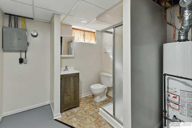 13304 S 21st St, Bellevue, NE 68123 - bathroom featuring electric panel, water heater, vanity, a stall shower, and a paneled ceiling