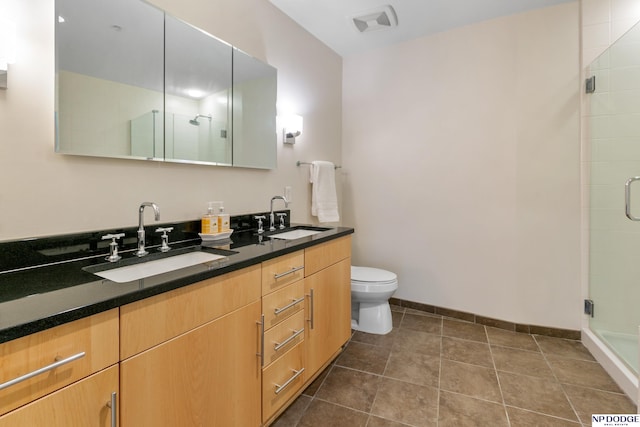3200 Farnam Ct Unit 3604, Omaha, NE 68131 - bathroom with double vanity, a shower stall, toilet, baseboards, and tile patterned flooring