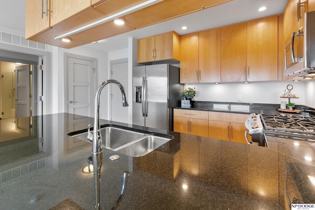 3200 Farnam Ct Unit 3604, Omaha, NE 68131 - kitchen with appliances with stainless steel finishes, a sink, dark stone countertops, and recessed lighting