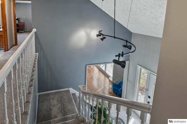 716 N 148th St, Omaha, NE 68154 - stairs featuring high vaulted ceiling and carpet