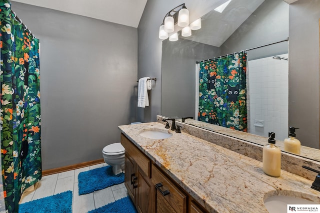 716 N 148th St, Omaha, NE 68154 - full bathroom featuring double vanity, toilet, lofted ceiling, a shower with shower curtain, and baseboards