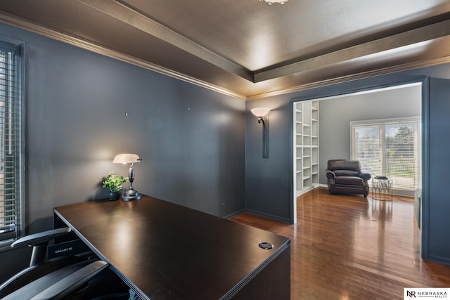 716 N 148th St, Omaha, NE 68154 - home office featuring wood finished floors, crown molding, a tray ceiling, and baseboards
