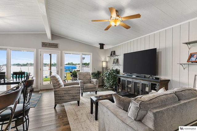 112 W Lakeshore Dr, Lincoln, NE 68528 - living area with wood finished floors, ceiling fan, and a water view