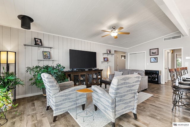 112 W Lakeshore Dr, Lincoln, NE 68528 - living area with wood finished floors, ceiling fan, vaulted ceiling, wood ceiling, and baseboards