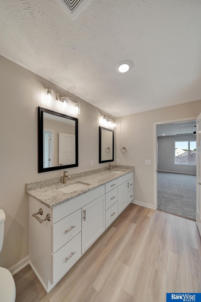 3556 Pearl Crescent Dr, Lincoln, NE 68504 - full bath with toilet, double vanity, wood finished floors, baseboards, and a textured ceiling