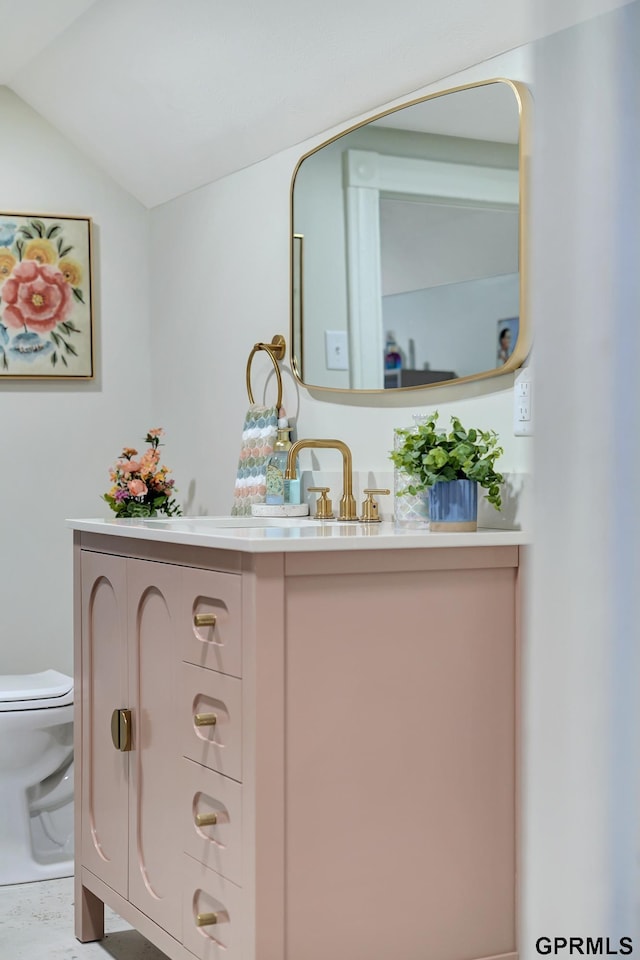 149 N 1st St, Seward, NE 68434 - half bathroom with toilet, vanity, and vaulted ceiling