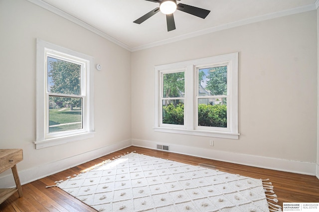 4427 Pine St, Omaha, NE 68105 - spare room with crown molding, plenty of natural light, wood finished floors, ceiling fan, and baseboards
