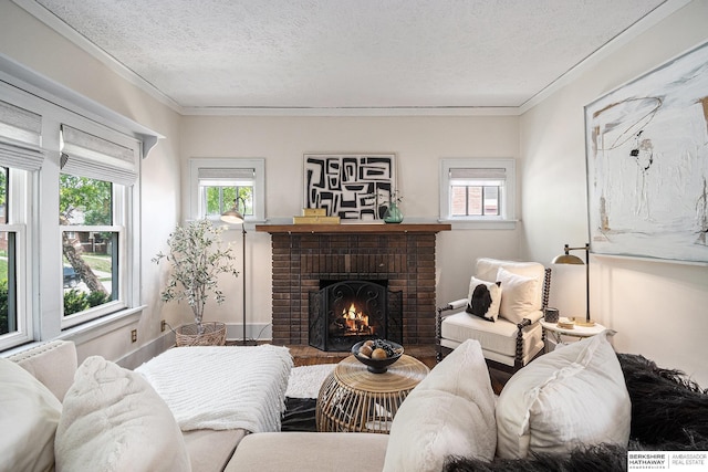 4427 Pine St, Omaha, NE 68105 - living area featuring a brick fireplace, a textured ceiling, and ornamental molding