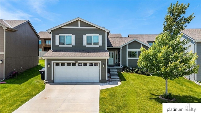 7784 N 88th Ave, Omaha, NE 68122 - view of front of home with concrete driveway, a garage, a front lawn, and a shingled roof
