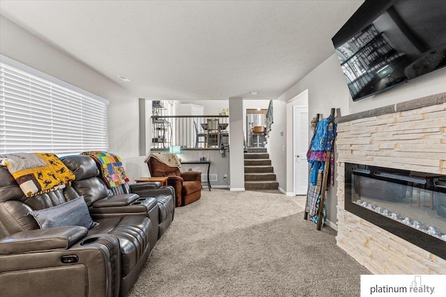7784 N 88th Ave, Omaha, NE 68122 - carpeted living area featuring a stone fireplace and stairway