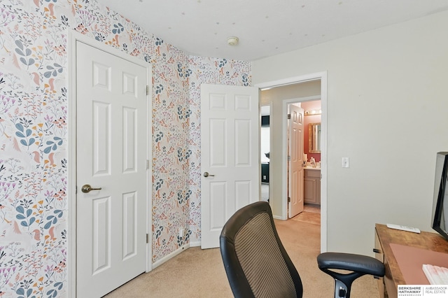7628 Bondesson St, Omaha, NE 68122 - office area featuring light carpet, wallpapered walls, baseboards, and a sink
