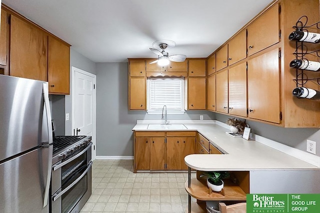 3869 Arbor St, Omaha, NE 68105 - kitchen with appliances with stainless steel finishes, a sink, open shelves, baseboards, and light countertops