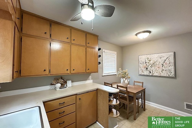 3869 Arbor St, Omaha, NE 68105 - kitchen with light countertops, baseboards, a sink, and ceiling fan