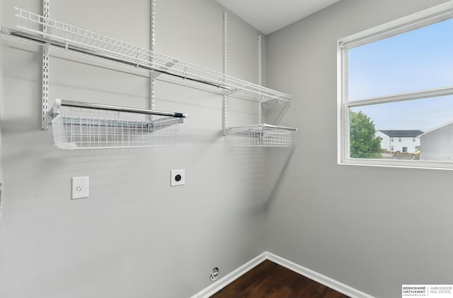 8925 N 159th Ave, Bennington, NE 68007 - laundry room with hookup for an electric dryer, baseboards, healthy amount of natural light, and dark wood-style flooring