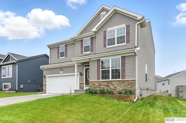 8925 N 159th Ave, Bennington, NE 68007 - craftsman house featuring driveway, a garage, a front yard, and stone siding