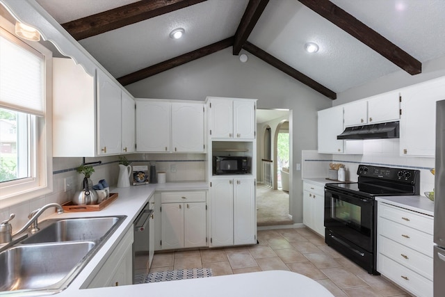 15461 Harney St, Omaha, NE 68154 - kitchen featuring under cabinet range hood, black appliances, a sink, white cabinetry, and decorative backsplash