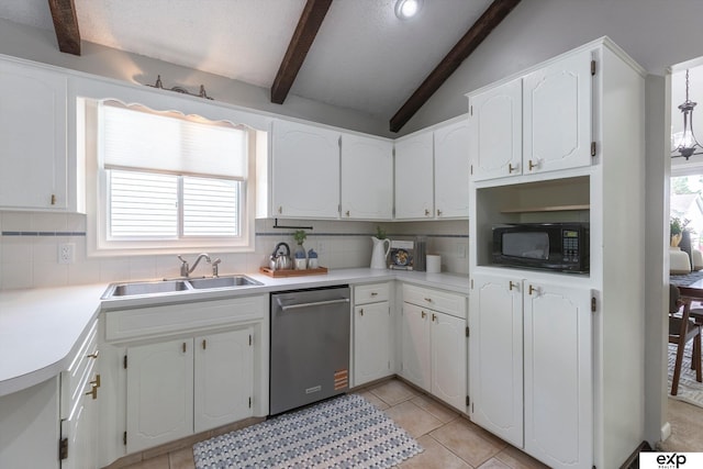 15461 Harney St, Omaha, NE 68154 - kitchen featuring dishwasher, black microwave, a sink, and white cabinetry
