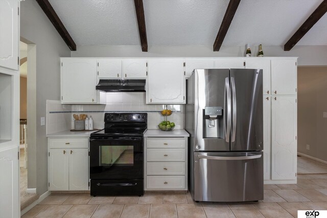 15461 Harney St, Omaha, NE 68154 - kitchen featuring stainless steel fridge with ice dispenser, black range with electric stovetop, under cabinet range hood, beam ceiling, and light countertops