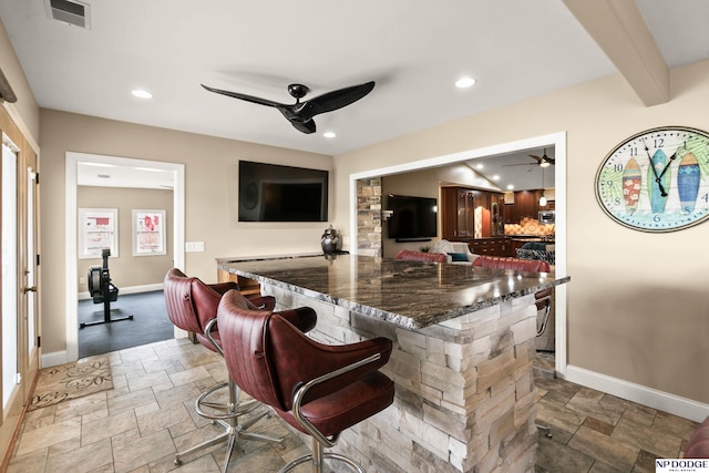 S-1020 Platte Shore Dr, Fremont, NE 68025 - bar area with a ceiling fan, stone tile floors, baseboards, and recessed lighting