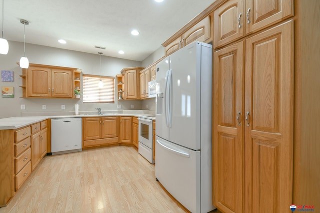 3934 Ballard Ct, Lincoln, NE 68504 - kitchen featuring white appliances, open shelves, light wood-type flooring, a sink, and hanging light fixtures