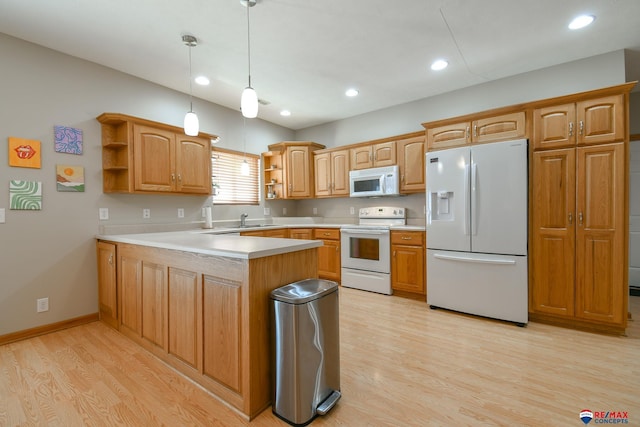 3934 Ballard Ct, Lincoln, NE 68504 - kitchen with white appliances, open shelves, a peninsula, light wood-type flooring, and recessed lighting