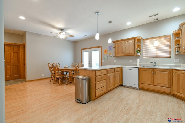 3934 Ballard Ct, Lincoln, NE 68504 - kitchen featuring dishwasher, open shelves, a peninsula, light wood-style flooring, and a ceiling fan