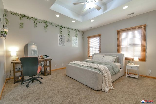 3934 Ballard Ct, Lincoln, NE 68504 - carpeted bedroom with recessed lighting, baseboards, a desk, a ceiling fan, and a raised ceiling
