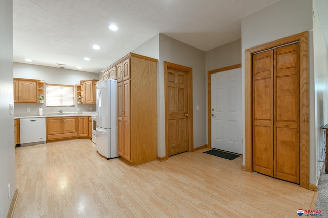 3934 Ballard Ct, Lincoln, NE 68504 - kitchen with white appliances, light wood-style flooring, open shelves, light countertops, and recessed lighting