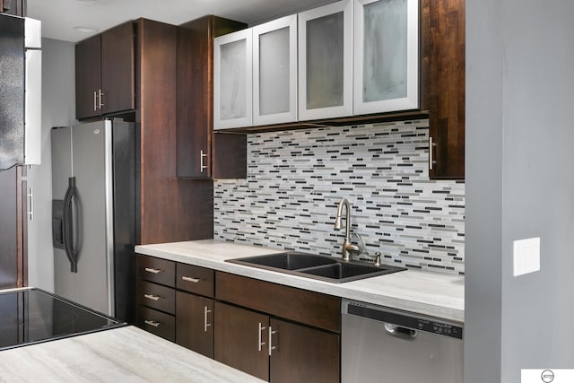 100 N 12th St Unit 904, Lincoln, NE 68508 - kitchen with appliances with stainless steel finishes, a sink, decorative backsplash, light countertops, and dark brown cabinets