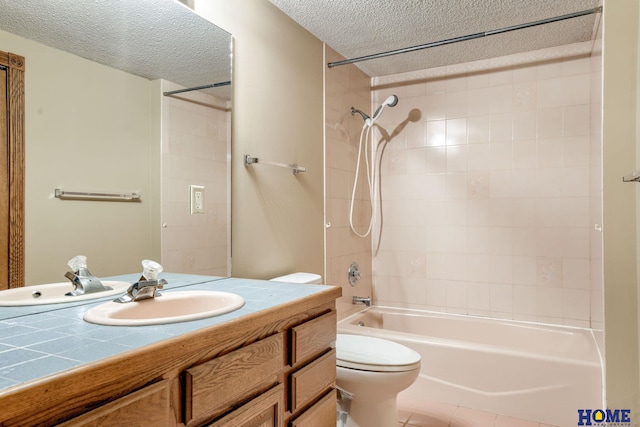 8240 Dorset Dr, Lincoln, NE 68510 - bathroom with a textured ceiling, toilet, shower / tub combination, vanity, and tile patterned flooring