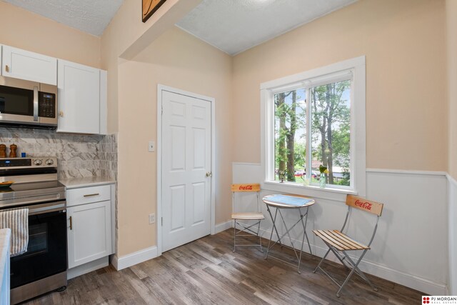 1512 N 41st Ave, Omaha, NE 68111 - kitchen featuring stainless steel appliances, white cabinetry, wood finished floors, tasteful backsplash, and light countertops