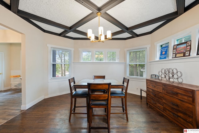 1512 N 41st Ave, Omaha, NE 68111 - dining area with a chandelier, dark wood-style floors, coffered ceiling, beam ceiling, and baseboards