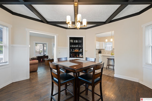 1512 N 41st Ave, Omaha, NE 68111 - dining area featuring coffered ceiling, dark wood-type flooring, a chandelier, and beam ceiling
