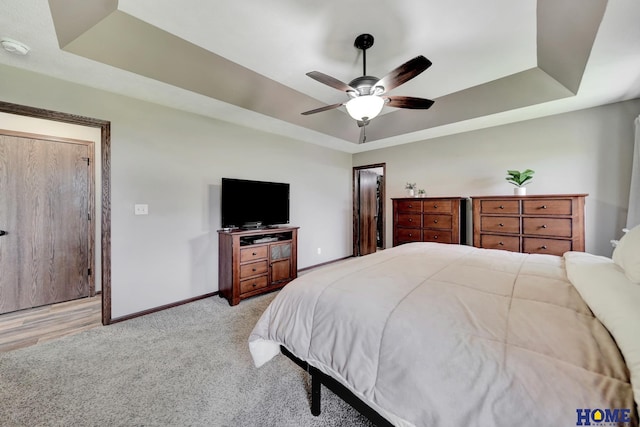1309 Ridge Rd, Hickman, NE 68372 - bedroom featuring a tray ceiling, light carpet, and a ceiling fan