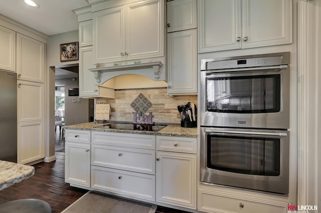 5100 Bridle Ln, Lincoln, NE 68516 - kitchen with stainless steel appliances, tasteful backsplash, dark wood-style floors, light stone countertops, and premium range hood