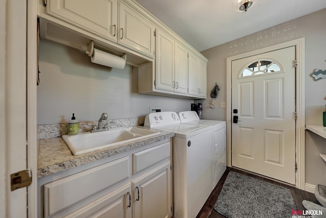 5100 Bridle Ln, Lincoln, NE 68516 - laundry room with cabinet space, washer and dryer, and dark wood-style flooring