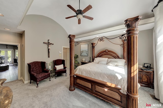 5100 Bridle Ln, Lincoln, NE 68516 - bedroom with lofted ceiling, light carpet, ornate columns, recessed lighting, and ceiling fan