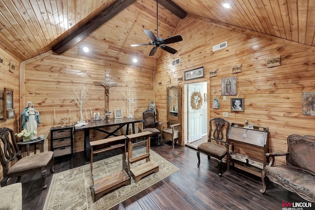 5100 Bridle Ln, Lincoln, NE 68516 - sitting room with wood walls, high vaulted ceiling, wood ceiling with exposed beams, ceiling fan, and wood finished floors
