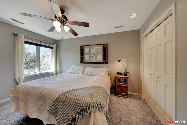 5100 Bridle Ln, Lincoln, NE 68516 - carpeted bedroom featuring a closet, baseboards, recessed lighting, and ceiling fan