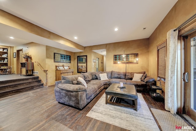 5100 Bridle Ln, Lincoln, NE 68516 - living room with wood finished floors, stairway, and recessed lighting