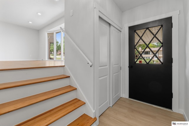 14611 Holmes St, Omaha, NE 68137 - entrance foyer with light wood-type flooring, recessed lighting, stairs, and baseboards