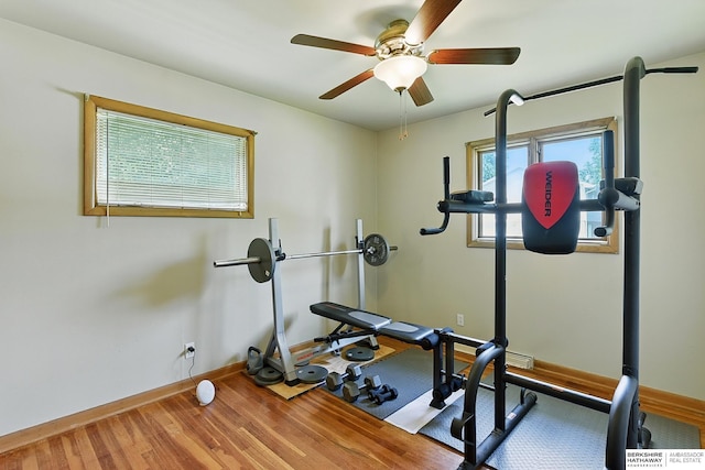 8345 Burt St, Omaha, NE 68114 - workout room with ceiling fan and wood finished floors