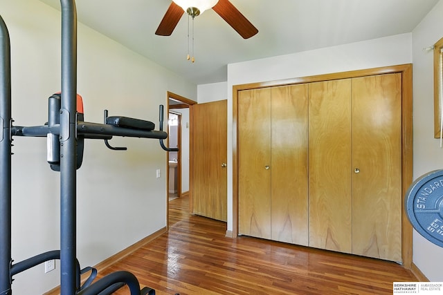 8345 Burt St, Omaha, NE 68114 - exercise area featuring ceiling fan and wood finished floors