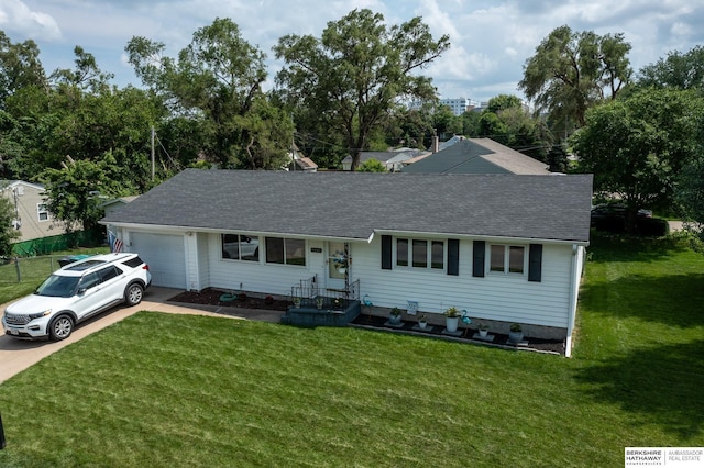 8345 Burt St, Omaha, NE 68114 - single story home with an attached garage, concrete driveway, a front yard, and roof with shingles