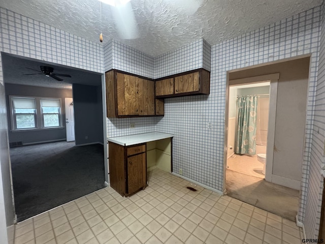 6035 Woolworth Ave, Omaha, NE 68106 - kitchen featuring wallpapered walls, light carpet, a textured ceiling, baseboards, and light countertops