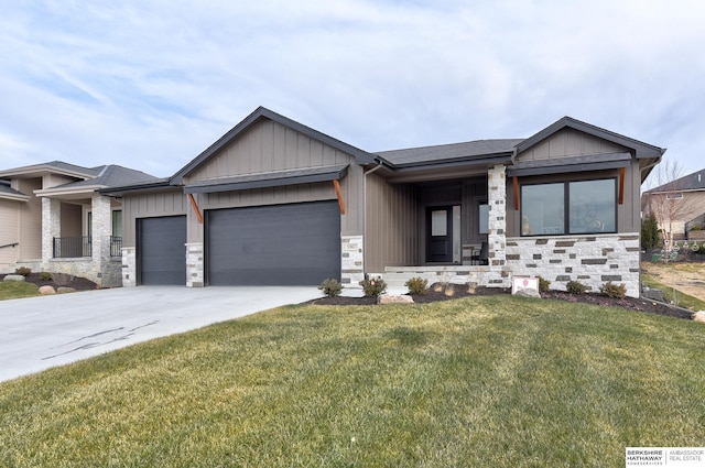 5807 N Hws Cleveland Blvd, Omaha, NE 68116 - view of front of house featuring an attached garage, a front lawn, driveway, stone siding, and board and batten siding