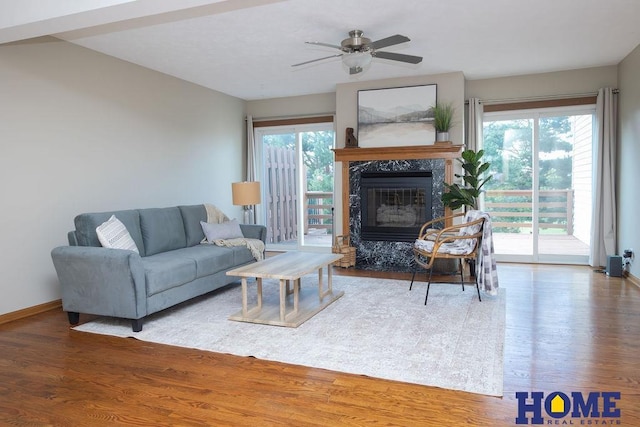 6207 Benjamin Pl, Lincoln, NE 68516 - living room featuring a high end fireplace, wood finished floors, baseboards, and a ceiling fan