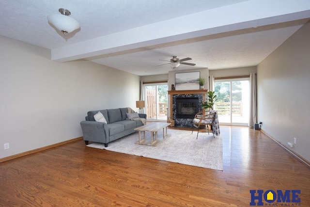 6207 Benjamin Pl, Lincoln, NE 68516 - living room with wood finished floors, a high end fireplace, a ceiling fan, and baseboards