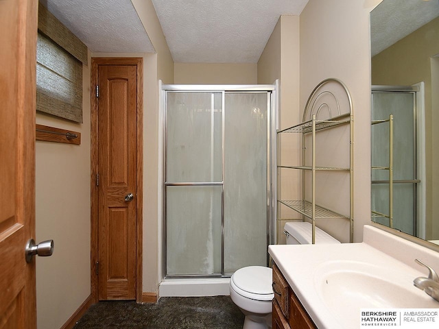15211 Pasadena Ave, Omaha, NE 68144 - full bathroom featuring vanity, a stall shower, and a textured ceiling