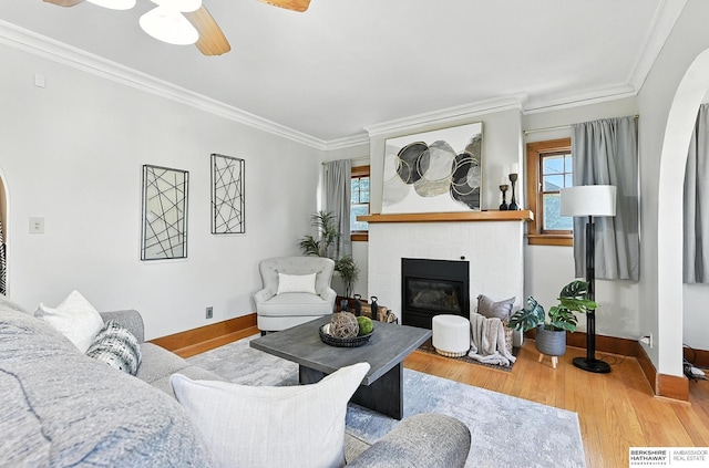 2311 N 51st St, Omaha, NE 68104 - living room featuring crown molding, healthy amount of natural light, a glass covered fireplace, wood finished floors, and a ceiling fan